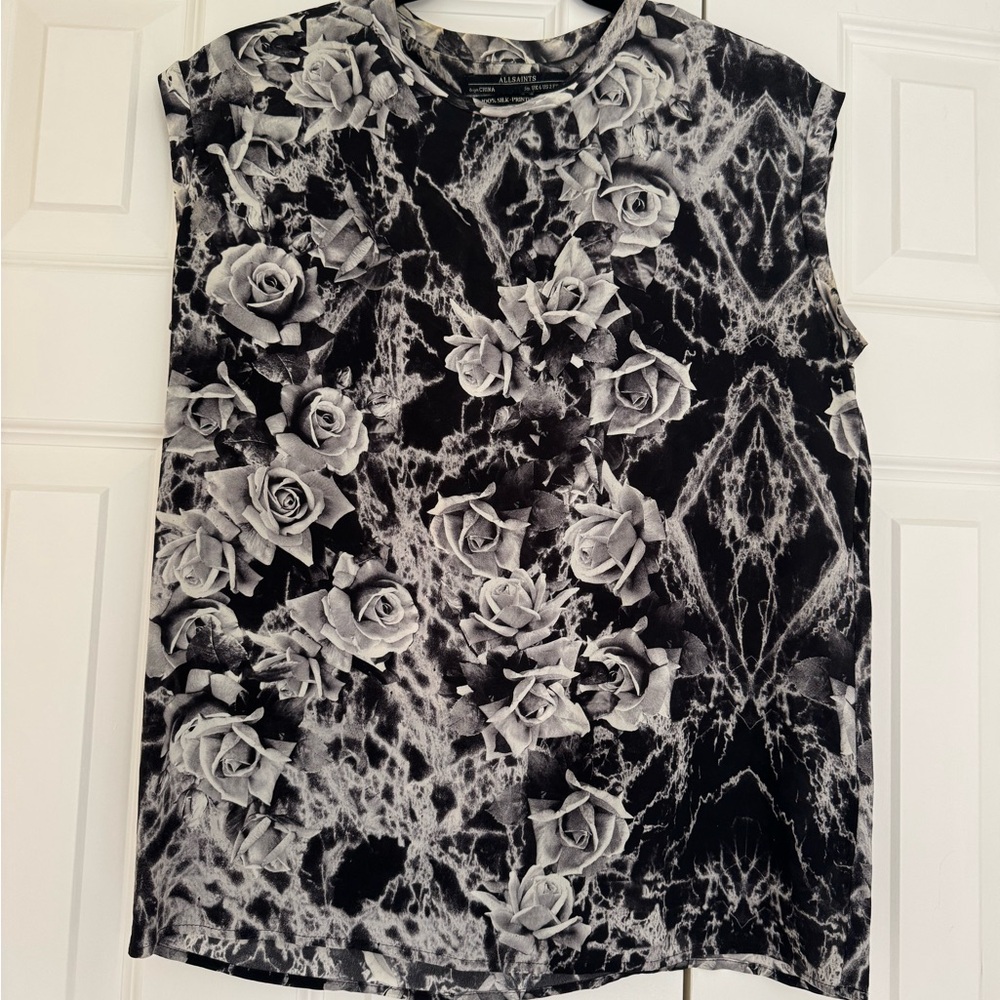 All Saints Black and Gray Floral Silk Short Sleeve Tee